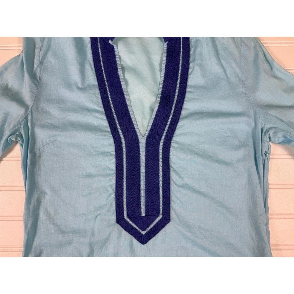 Tory Burch 100% Cotton Blue Tunic Resort Beach Cover Up Contrast Trim Size 4
